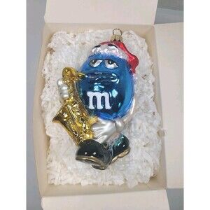 Kurt Adler Hand Blown Glass Polonaise Ornament Blue M&M  Santa Hat Music Lover